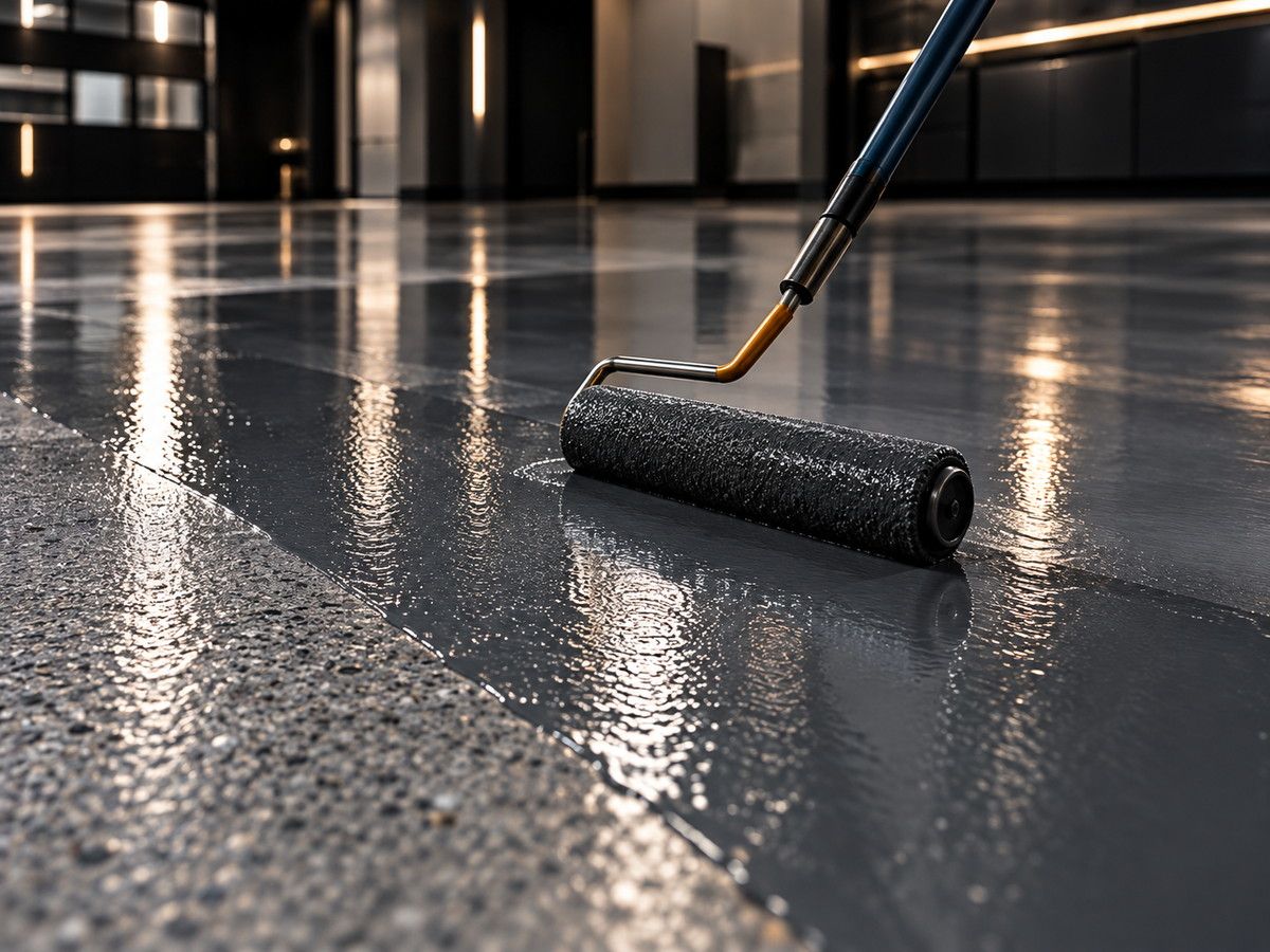 Base coat being rolled across a prepared concrete floor