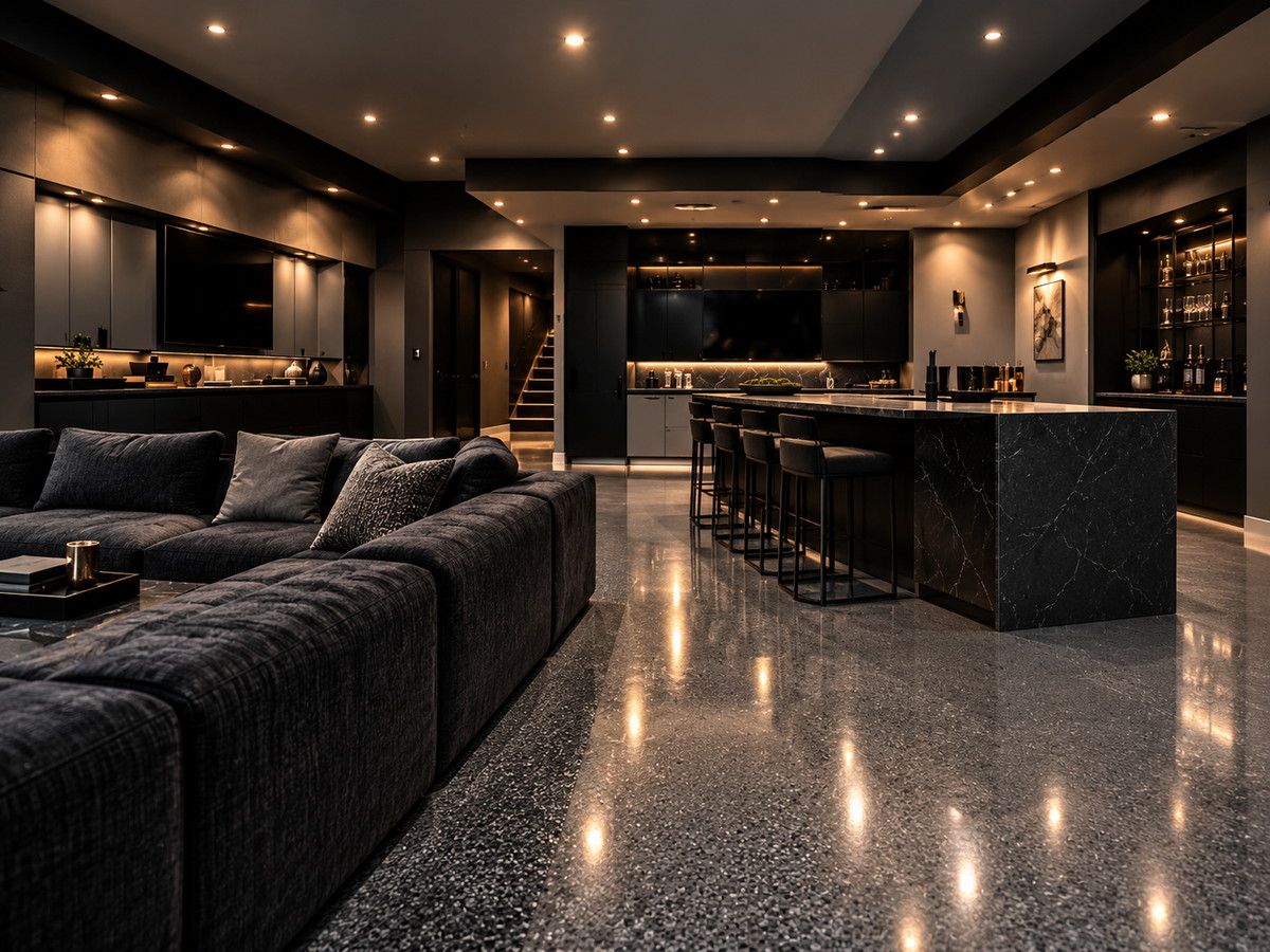 Finished basement with a seamless coated floor