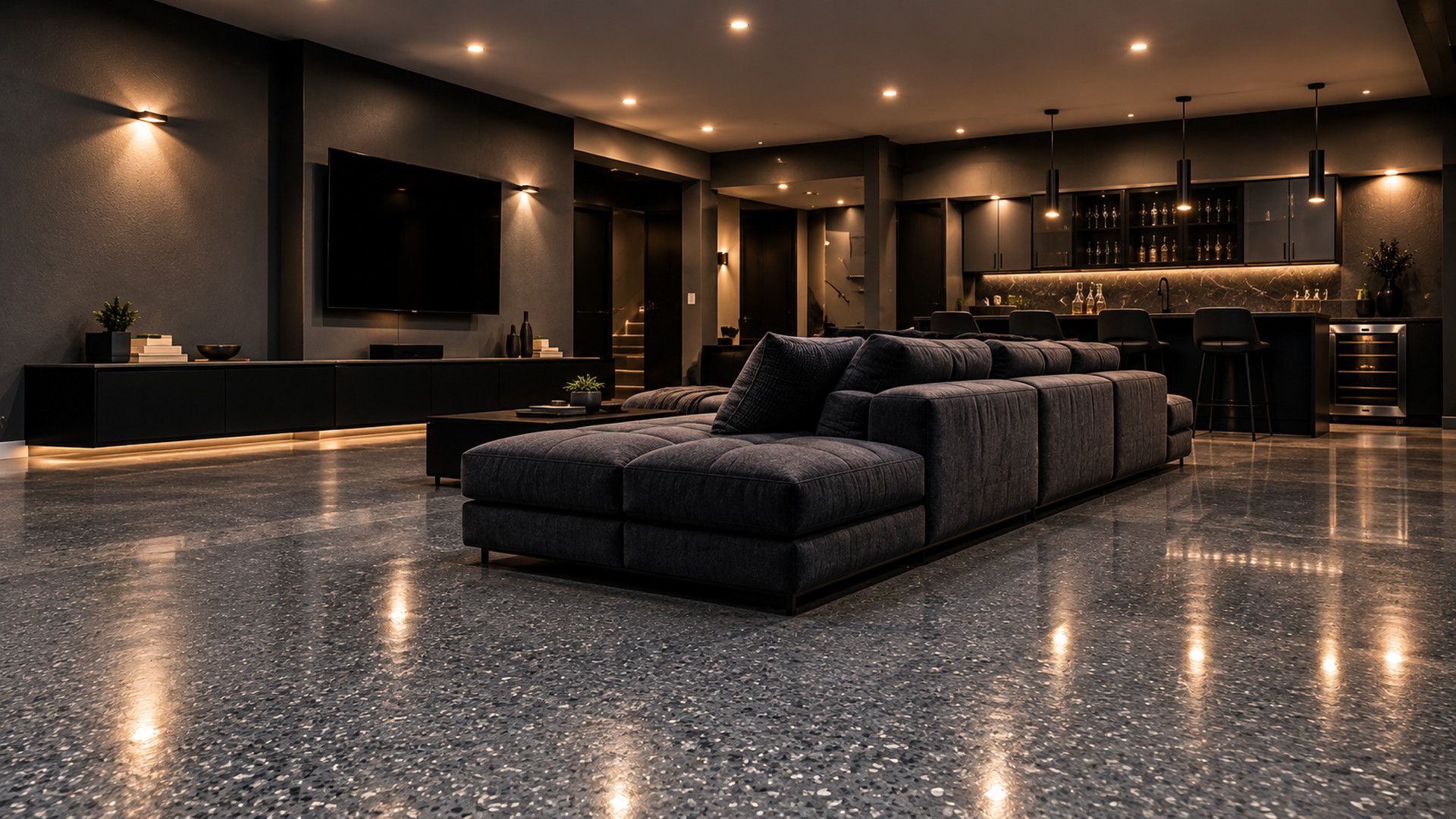 Basement living space with a continuous flake floor