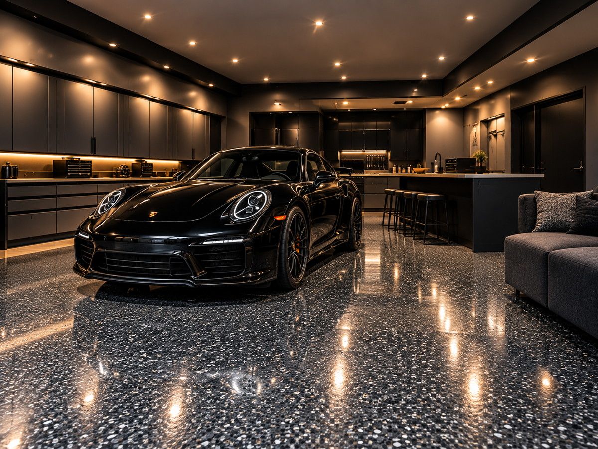 Two-car garage with a grey flake floor and clean cut-in edges
