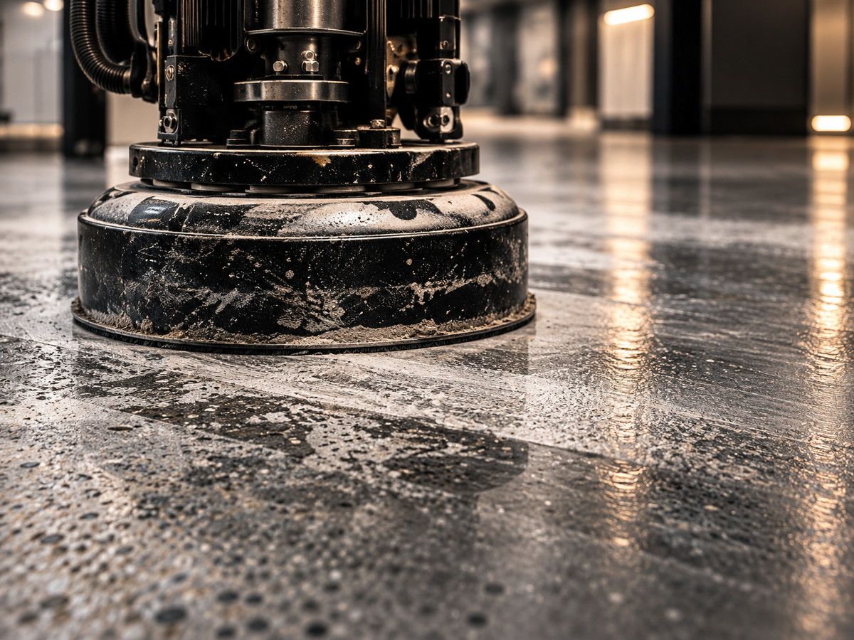 Diamond grinder opening the surface of a concrete garage floor