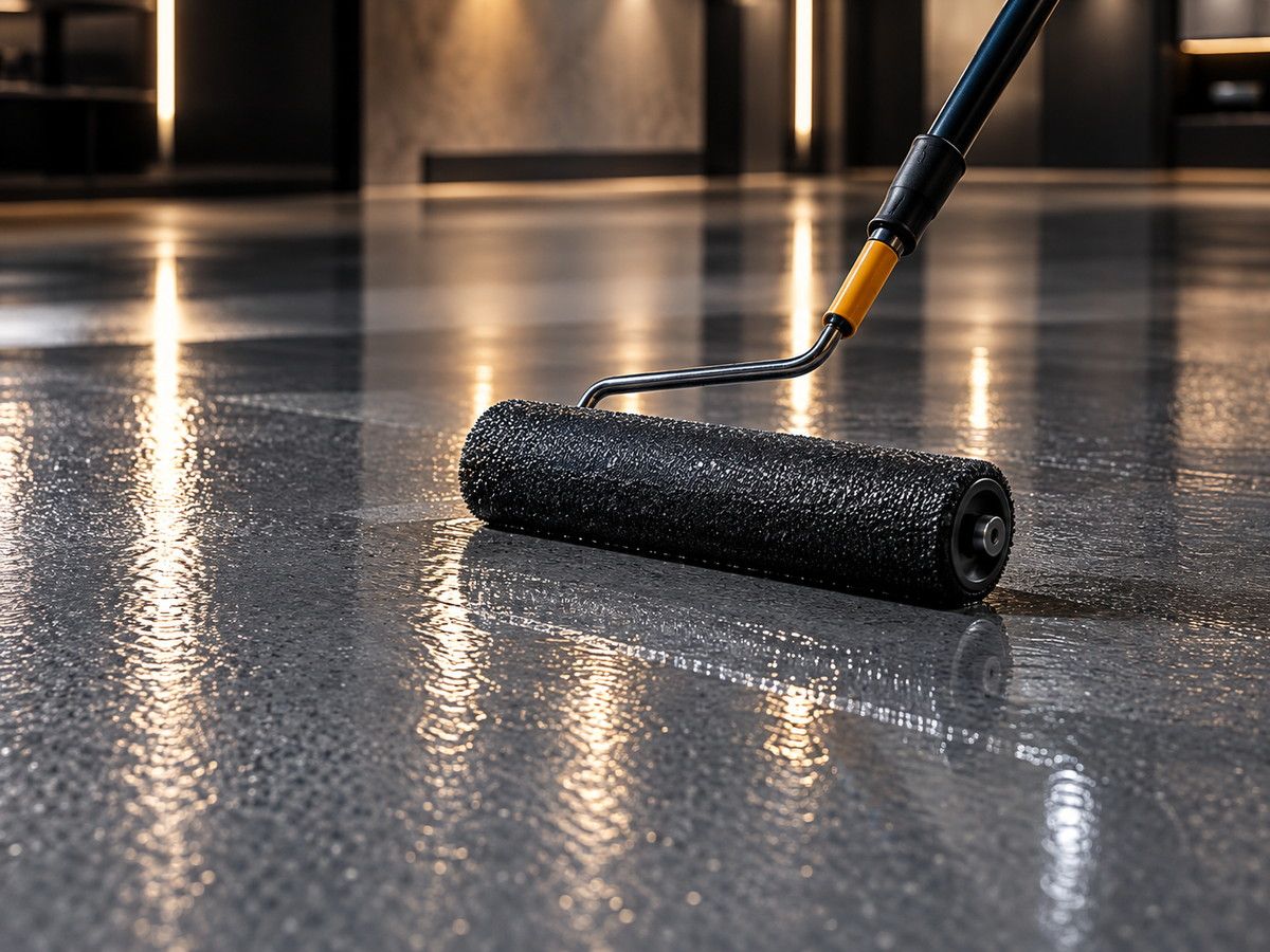 Protective top coat being applied over a flake floor