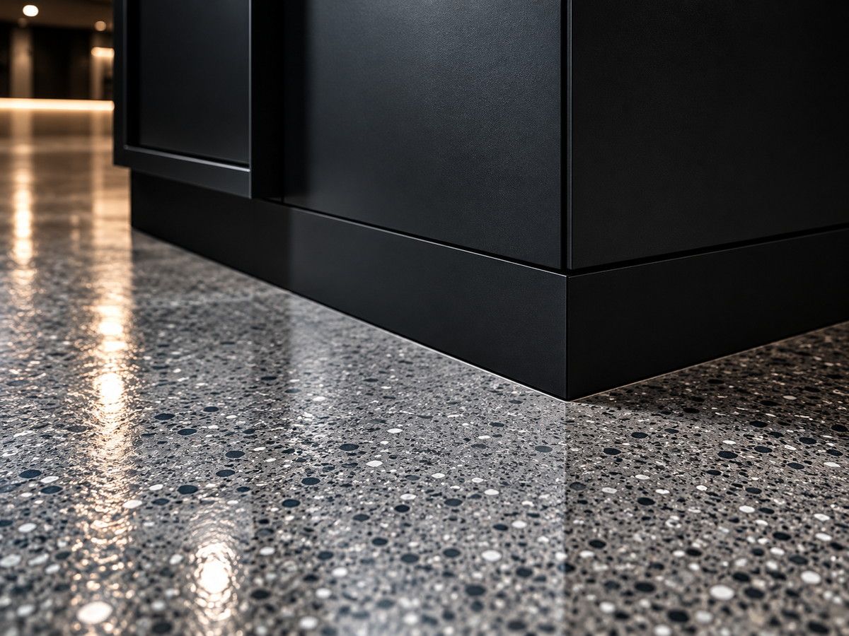 Seamless coated edge where the floor meets the wall