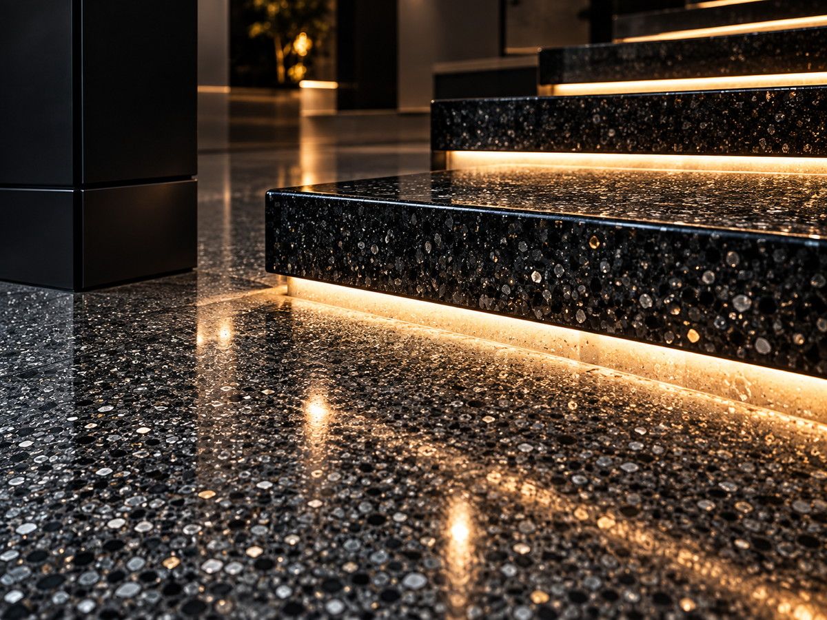 Coated basement stairs meeting a seamless floor
