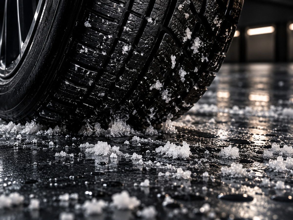 Tire tracks and road salt residue on a coated garage floor