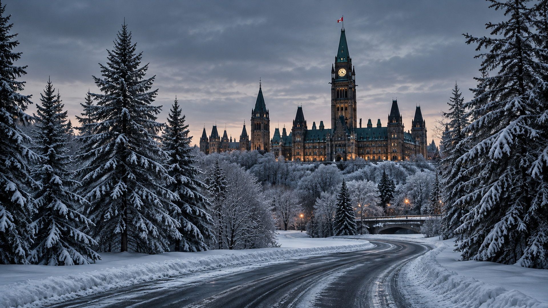 Ottawa in winter, with snow along the riverbank at dusk